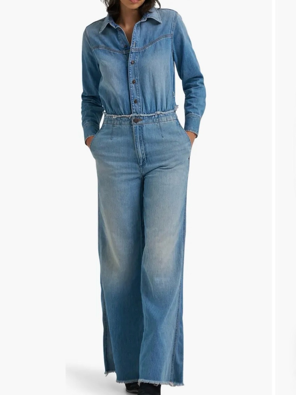 NWT Wrangler Light Blue Wide-Leg Open Back Denim Jumpsuit Medium 8/10